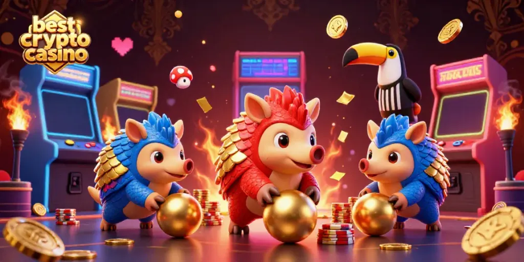 Experience thrilling action at the best crypto casino featuring animated pangolins, poker chips, and vibrant game elements.