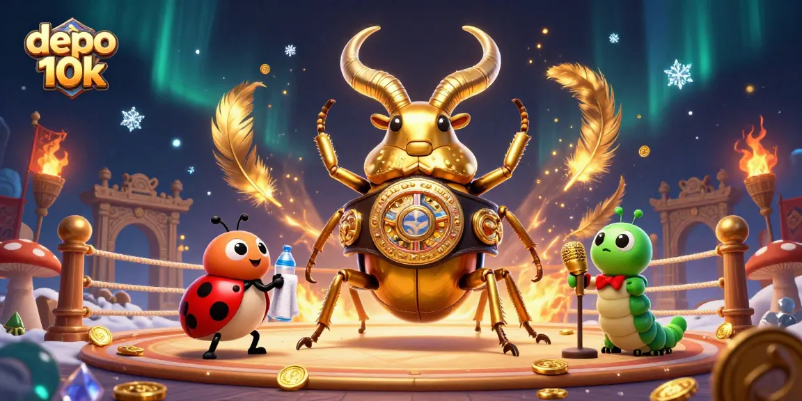 Experience the thrilling action of depo 10k slots with a golden stag beetle championing the ring, garnished with vibrant casino elements.