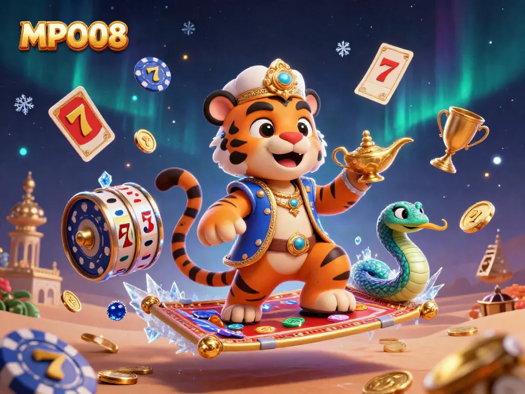 Engage in thrilling gameplay at MPO08 with vibrant tiger sultan and magical elements in a casino setting.