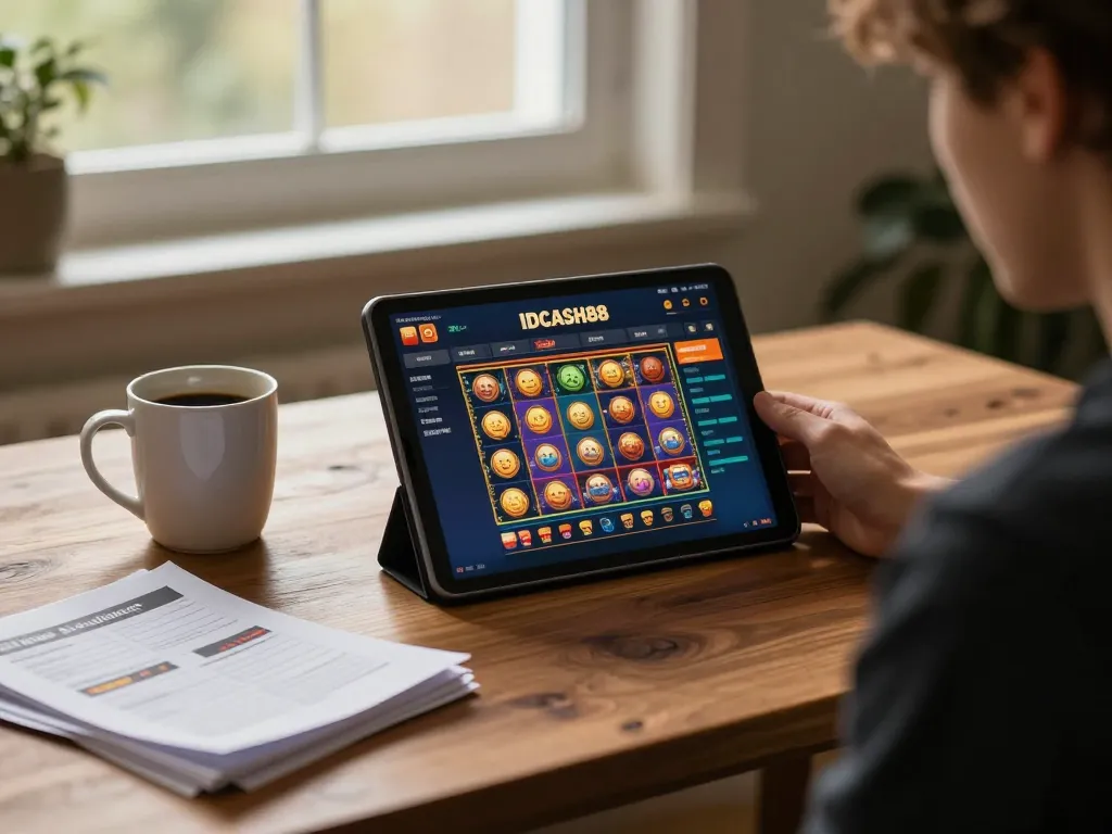Engaging with IDCASH88 online gaming during a cozy session at home, highlighting strategic gameplay
