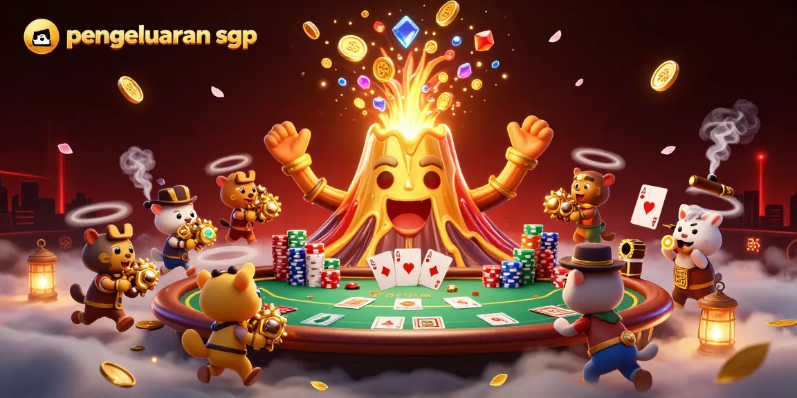 Experience the thrill of pengeluaran sgp with a stunning illustration of a golden volcano erupting treasure and poker elements.