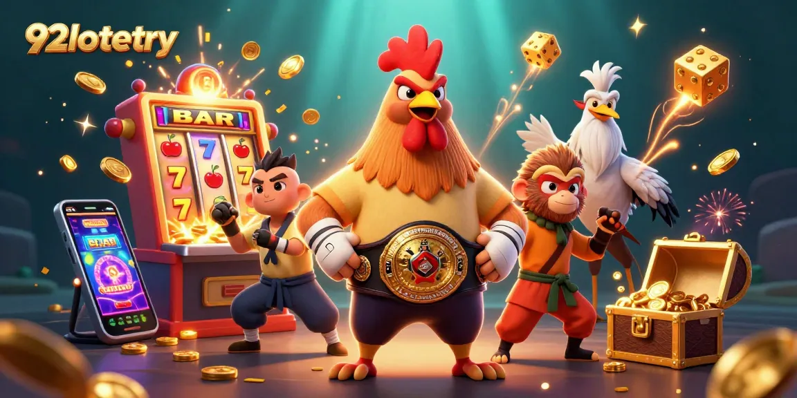 Experience the excitement of 92lottery with a vibrant 3D casino scene filled with dynamic gaming elements.