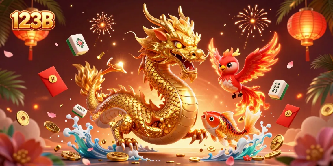 Experience the vibrant world of 123B with a golden dragon, a phoenix, and a koi fish amidst a shower of coins and gaming elements.