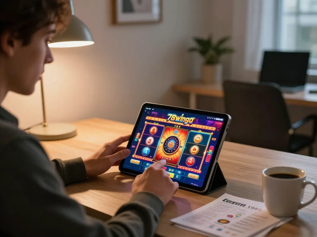 Person engaging with the 78wingo app on a tablet, showcasing exciting online gaming strategy.