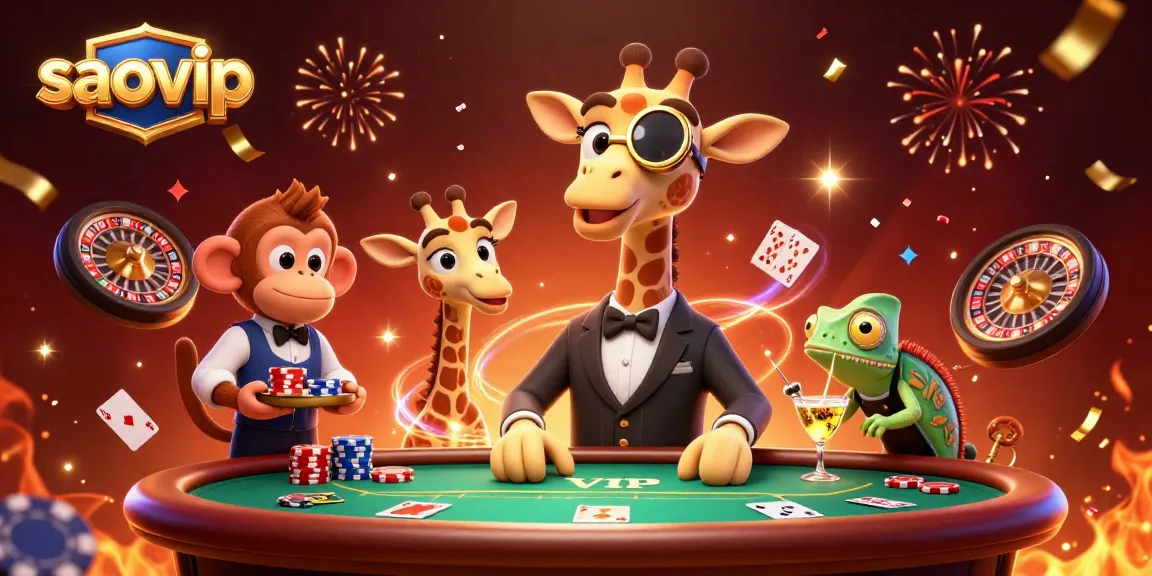 Experience the thrill of saovip with 3D giraffe and monkey characters in a lively casino setting.