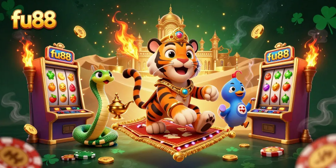 Experience the excitement of fu88 with a vibrant illustration featuring a tiger sultan and casino elements.