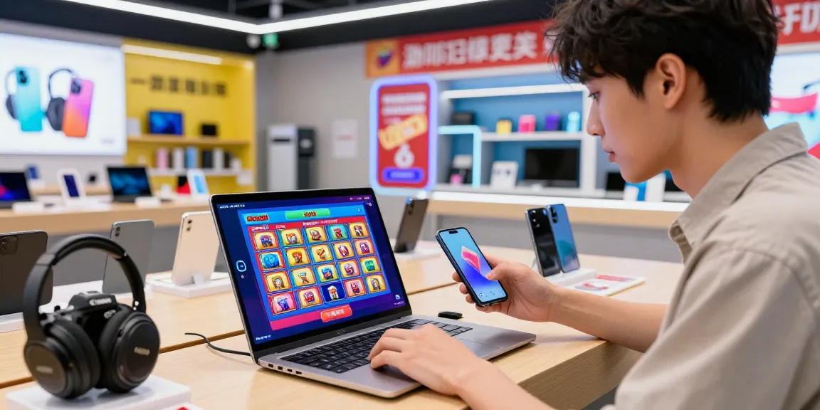 Customer exploring rokok88 slot products on a sleek touchscreen in a vibrant electronics store.