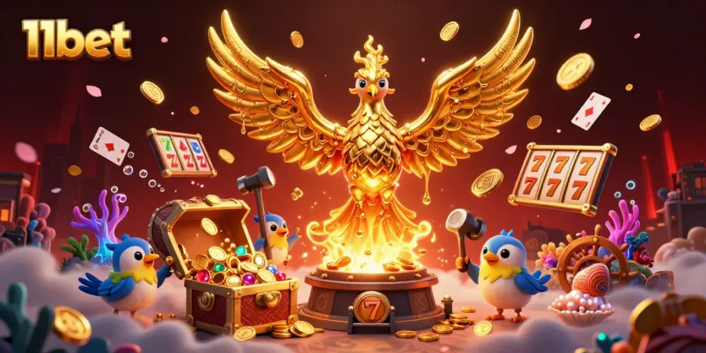 Experience exhilarating gameplay with 11bet's dynamic casino atmosphere featuring golden phoenix and floating slot elements.