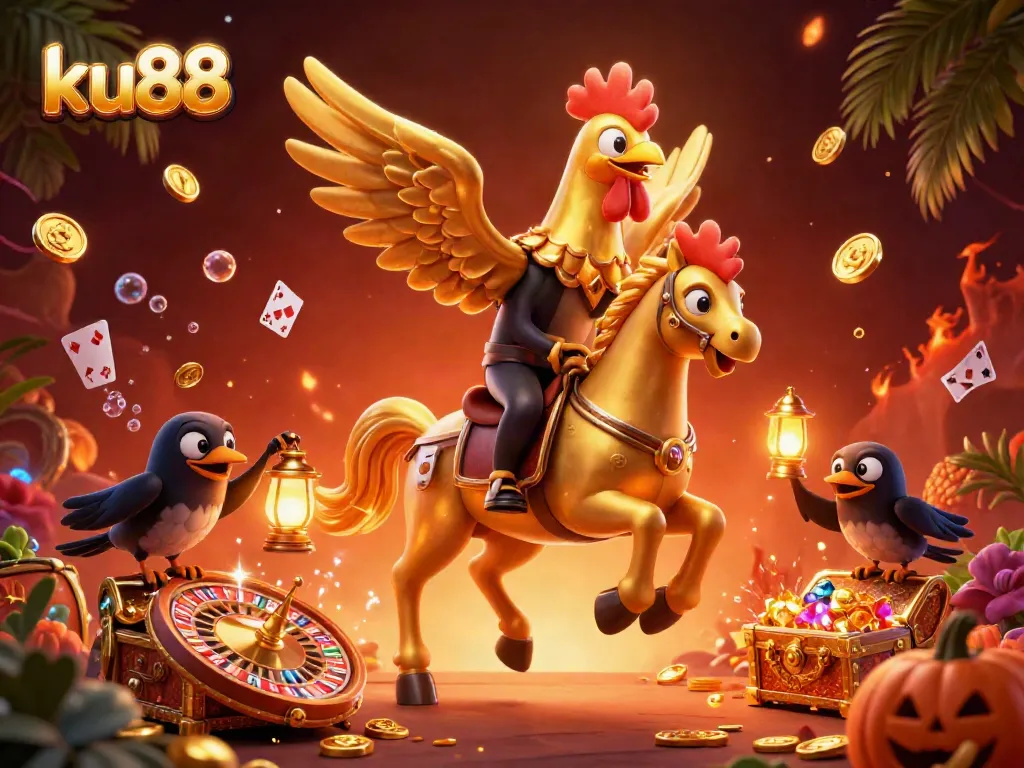 Experience thrilling gameplay at ku88 with a golden rooster character amidst a vibrant casino scene.