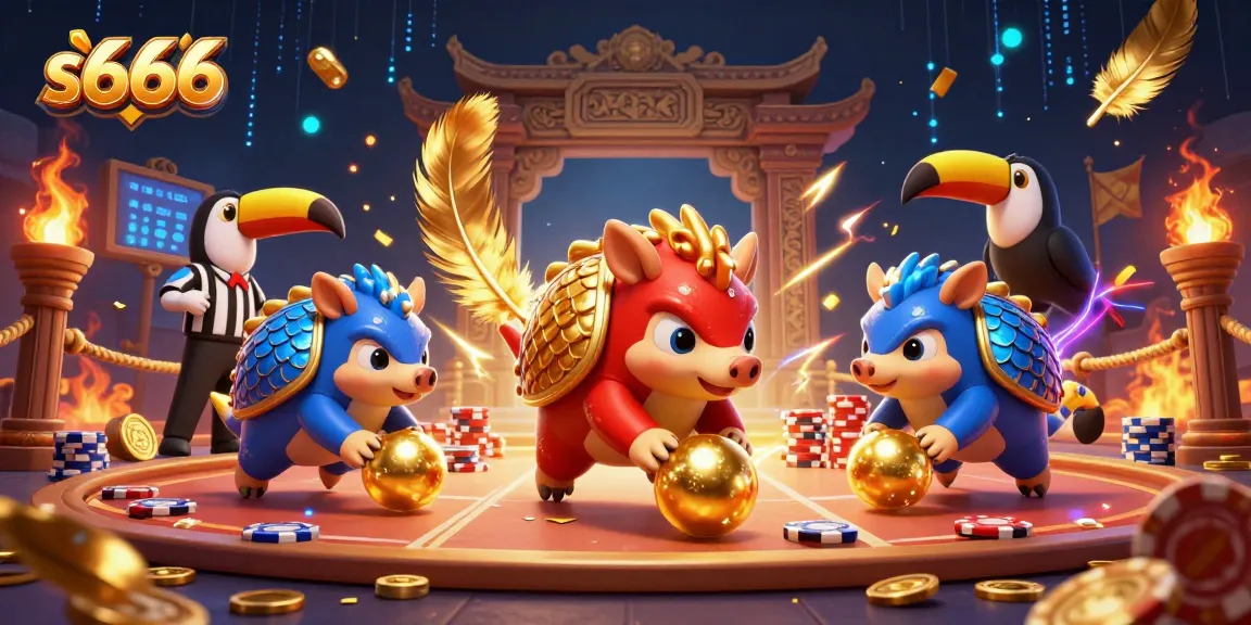 Engage in thrilling s666 casino games with dynamic pangolins, chips, and vibrant elements.