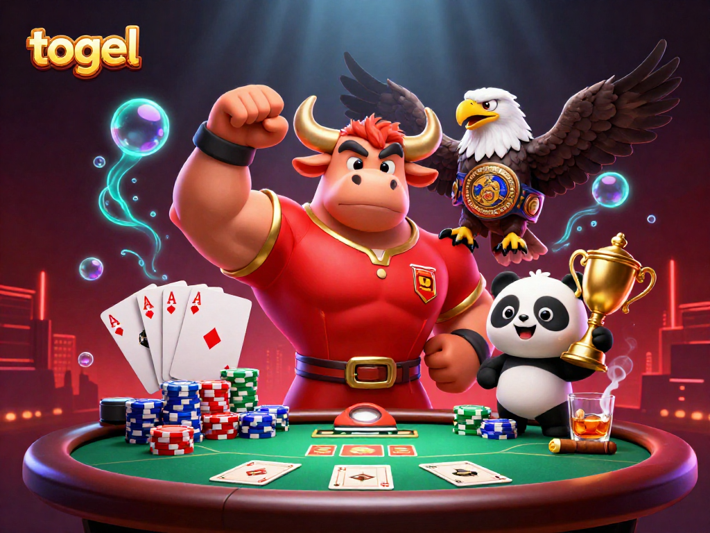 Engage in thrilling togel action with a powerful bull, eagle, and panda celebrating victories at a vibrant poker table.