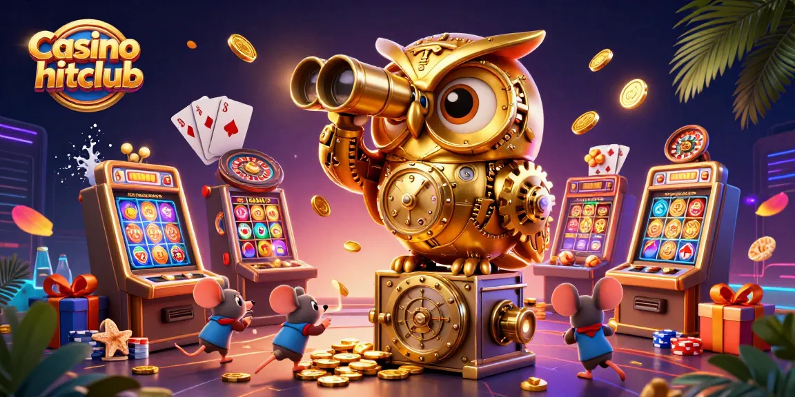 Casino hitclub showcases a dynamic 3D scene with a golden owl, lively patrons, and vibrant gaming elements.