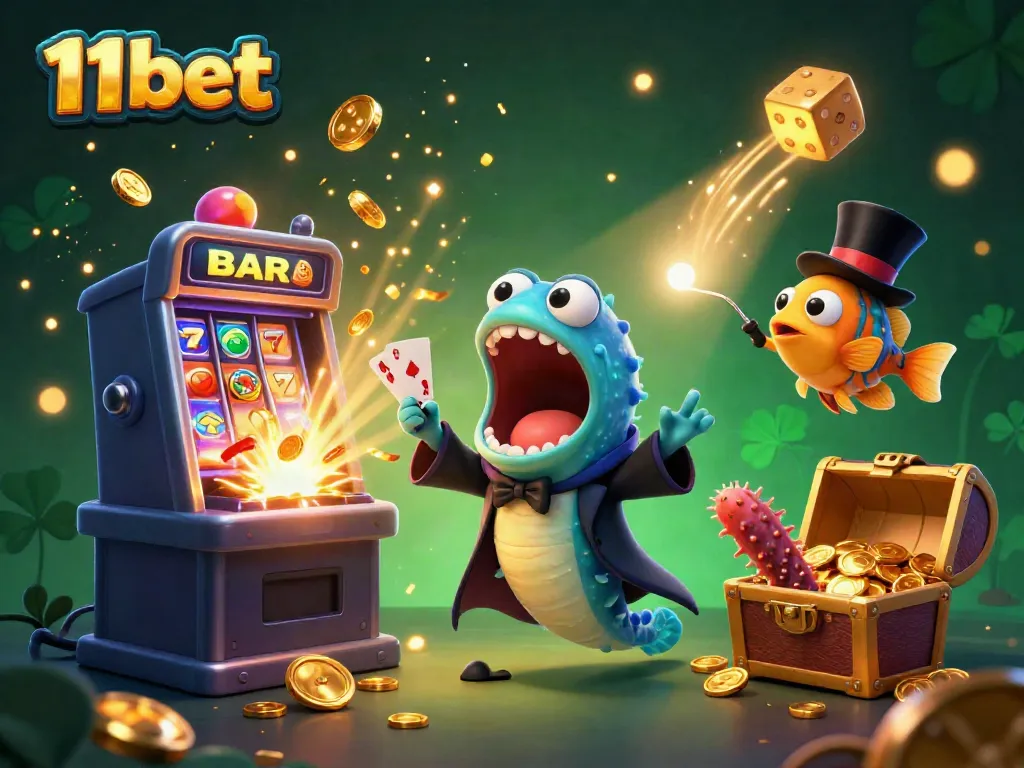 Experience thrilling card tricks by 11bet characters in a vibrant, magical casino environment.