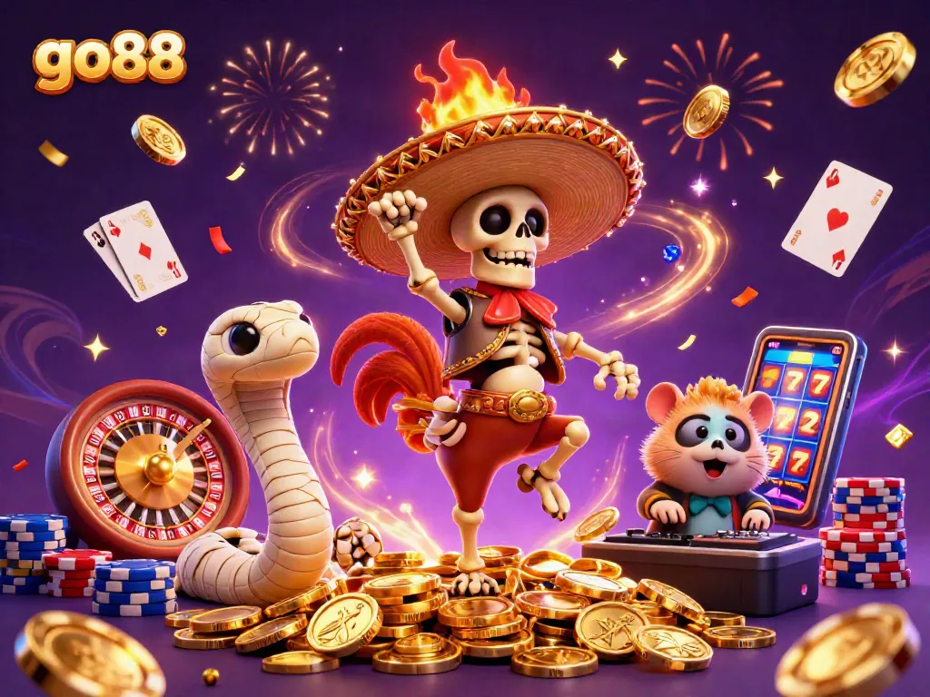 Join the fun with go88 as the mariachi rooster celebrates a jackpot on golden coins!