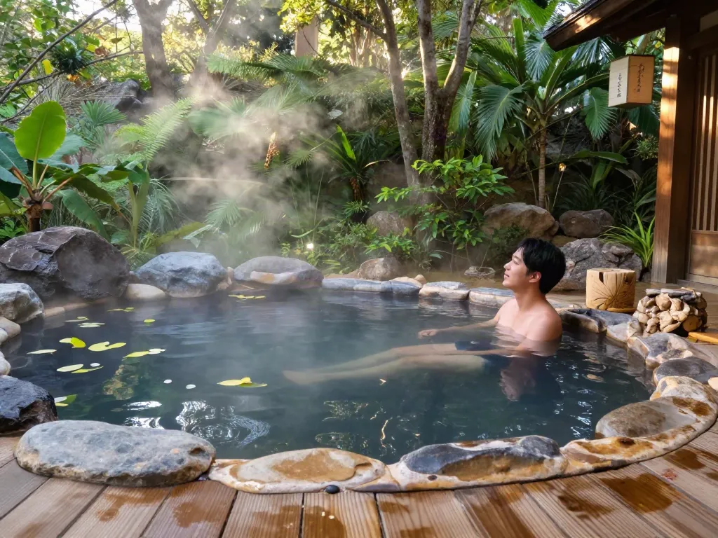 Relaxing in the volcanic onsen at rokok88, surrounded by nature and mineral-rich steam.