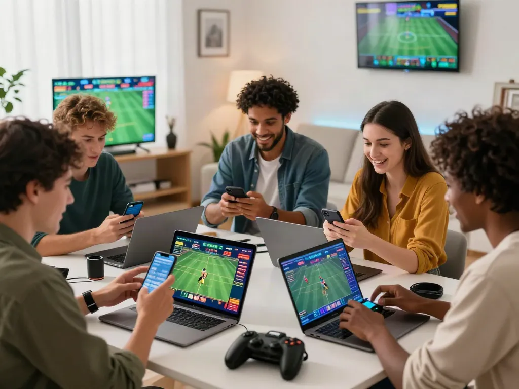 Friends enjoying online betting on fabet while surrounded by gaming devices in a lively living room.
