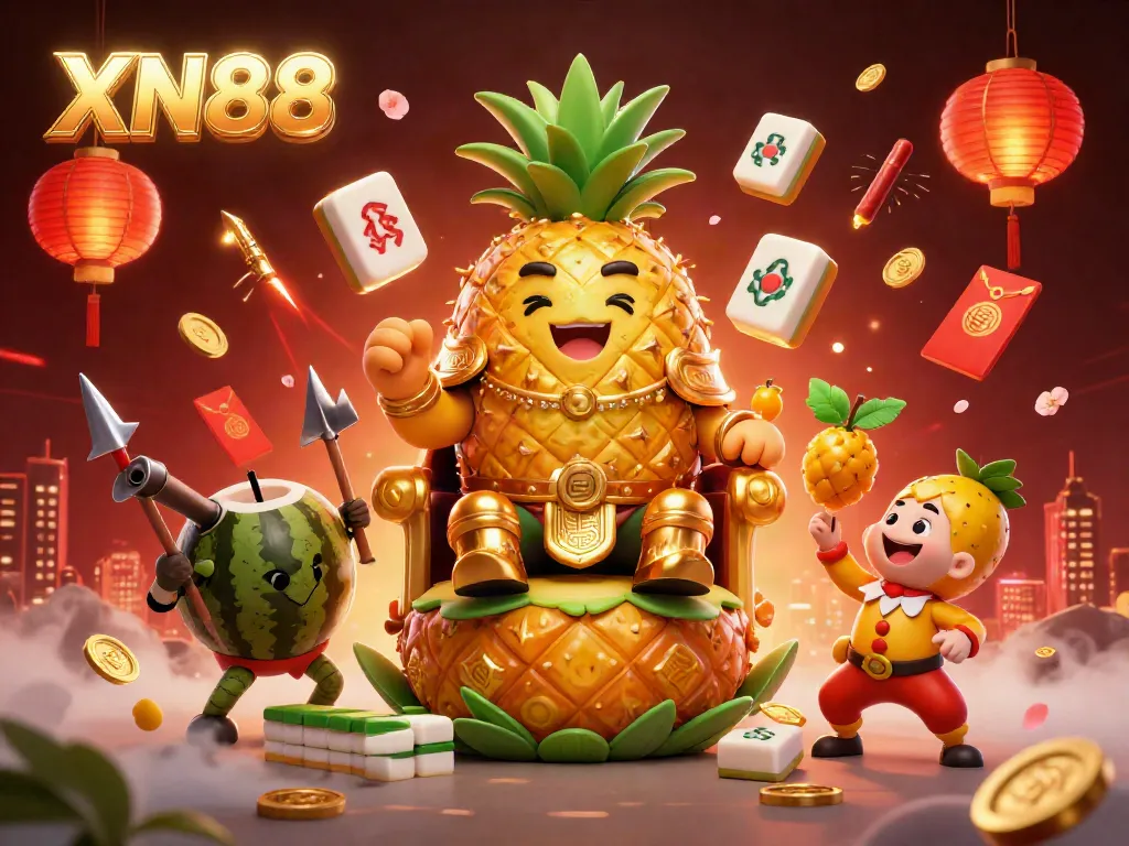 Experience the vibrant XN88 casino scene with golden pineapple king and festive games.