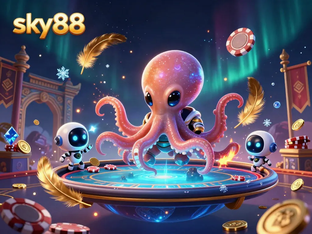 Experience thrilling poker action at sky88 with an alien octopus dealer and a vibrant cosmic backdrop.