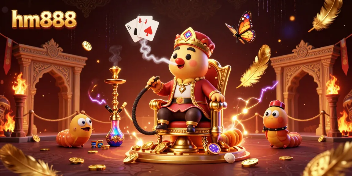 Experience the thrill at hm888's casino with dynamic elements showcasing poker, gold coins, and vibrant imagery.