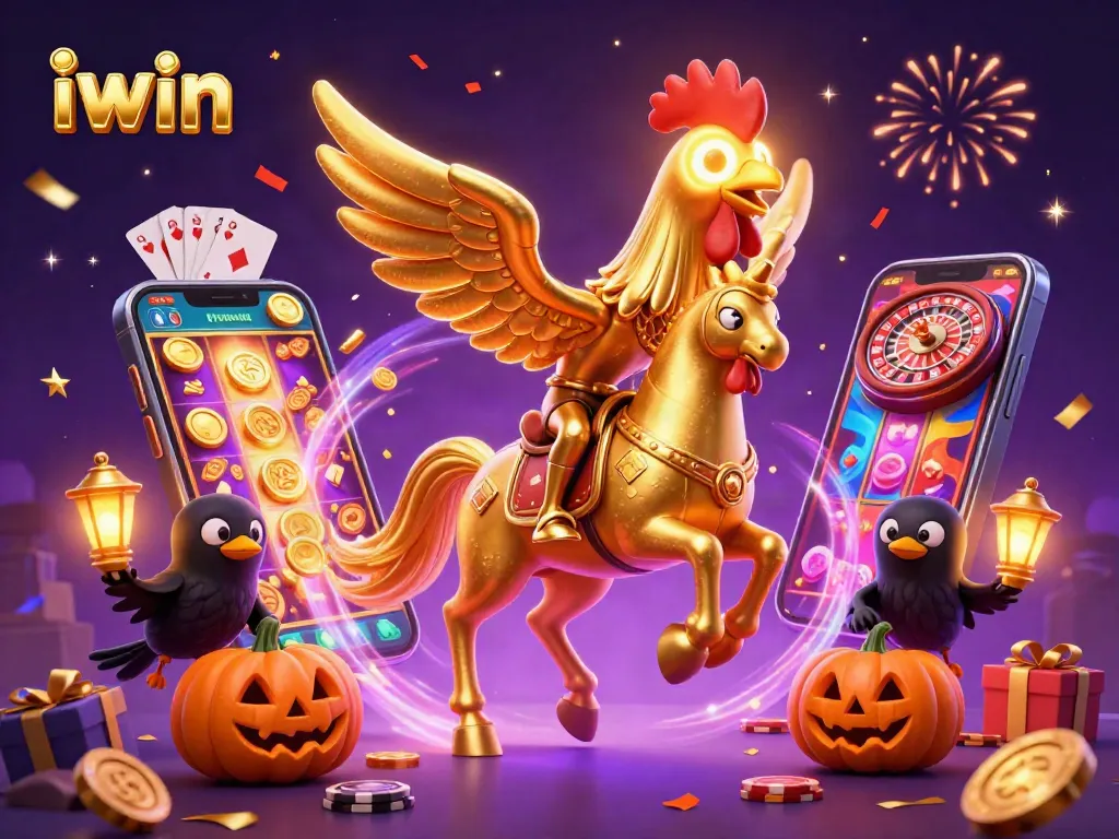 iwin showcases a dynamic scene of a golden rooster and pumpkin-headed crows amidst thrilling casino elements.