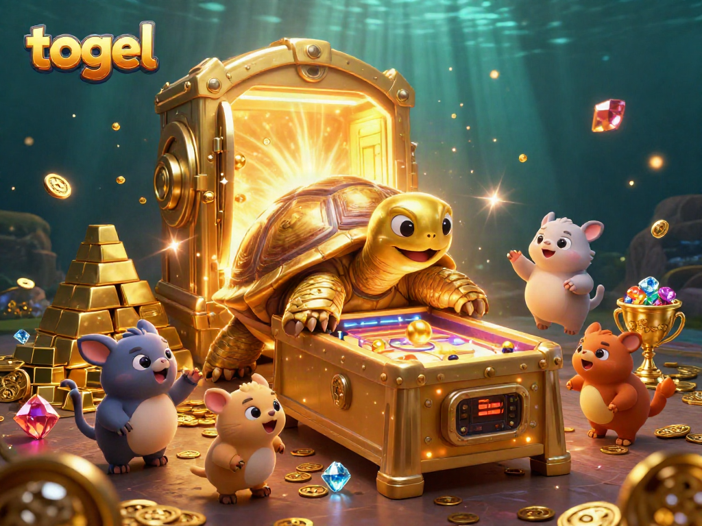 Engage with togel excitement through a vibrant, dynamic casino scene featuring a golden tortoise and treasure.
