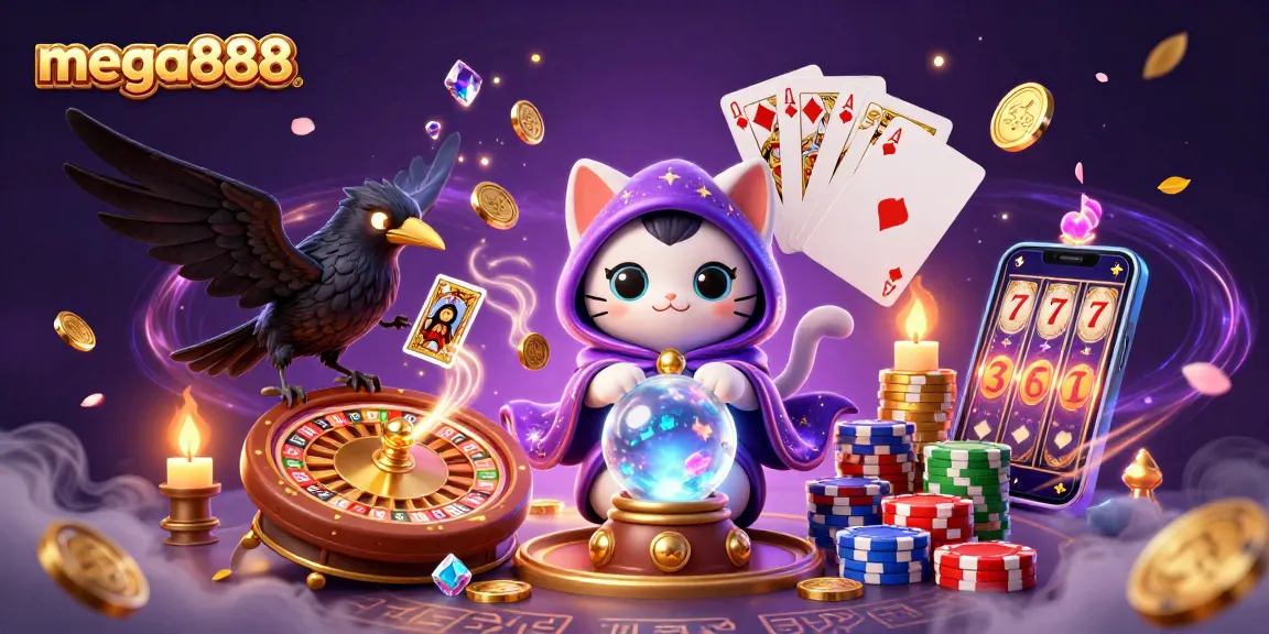 Engage with the mega888 slots experience featuring a mystical cat and dynamic casino elements.