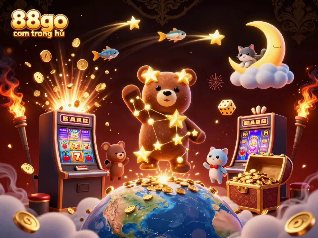 Engage with thrilling gaming at 88go com trang chủ featuring a vibrant 3D illustration of golden constellations, slot machines, and lively casino elements.