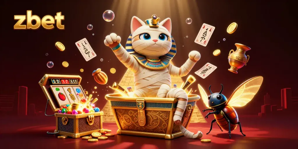 Engage in thrilling gameplay with zbet's vibrant casino scene featuring Egyptian characters and treasures.