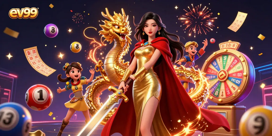 ev99 features a warrior queen and golden dragon in a vibrant casino scene.