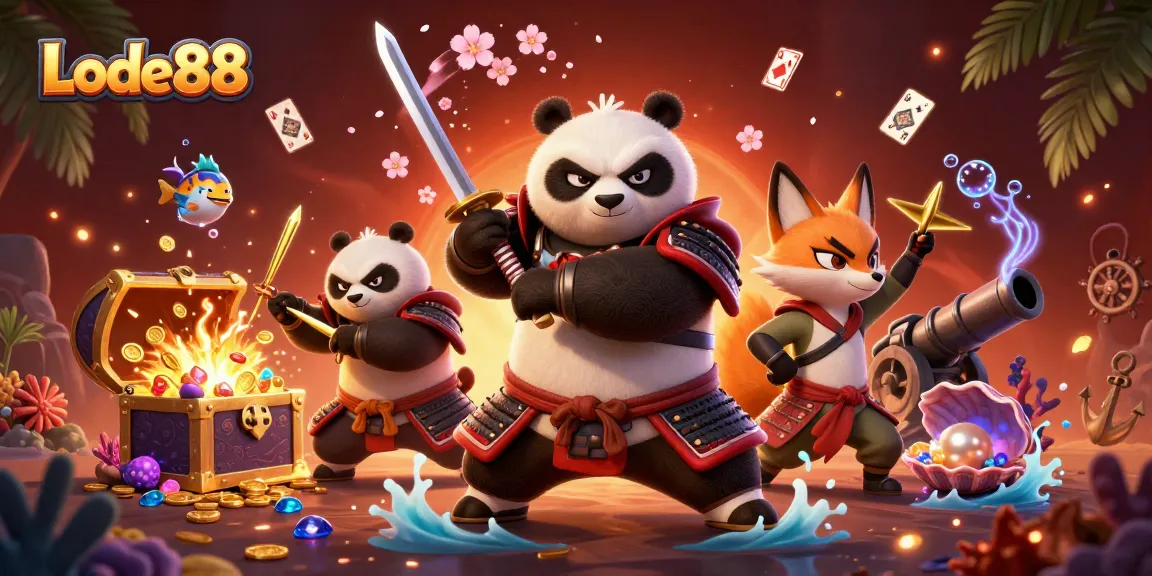 Lode88 offers thrilling gaming excitement with samurai panda and ninja fox amidst sparkling treasures.