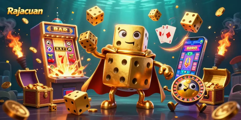 Experience thrilling jackpots with Rajacuan's vibrant casino scene featuring golden dice and massive slot machine.