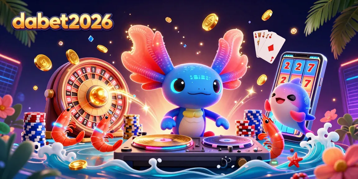 Dabet2026 showcases vibrant casino fun with axolotl DJ and casino games, illustrating excitement.