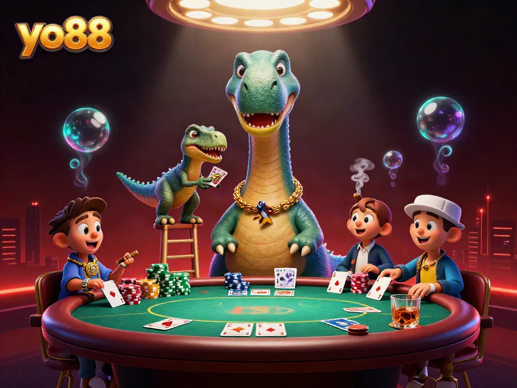 Experience thrilling poker action at yo88 with a towering brontosaurus dealer and a clever raptor in a vibrant casino.