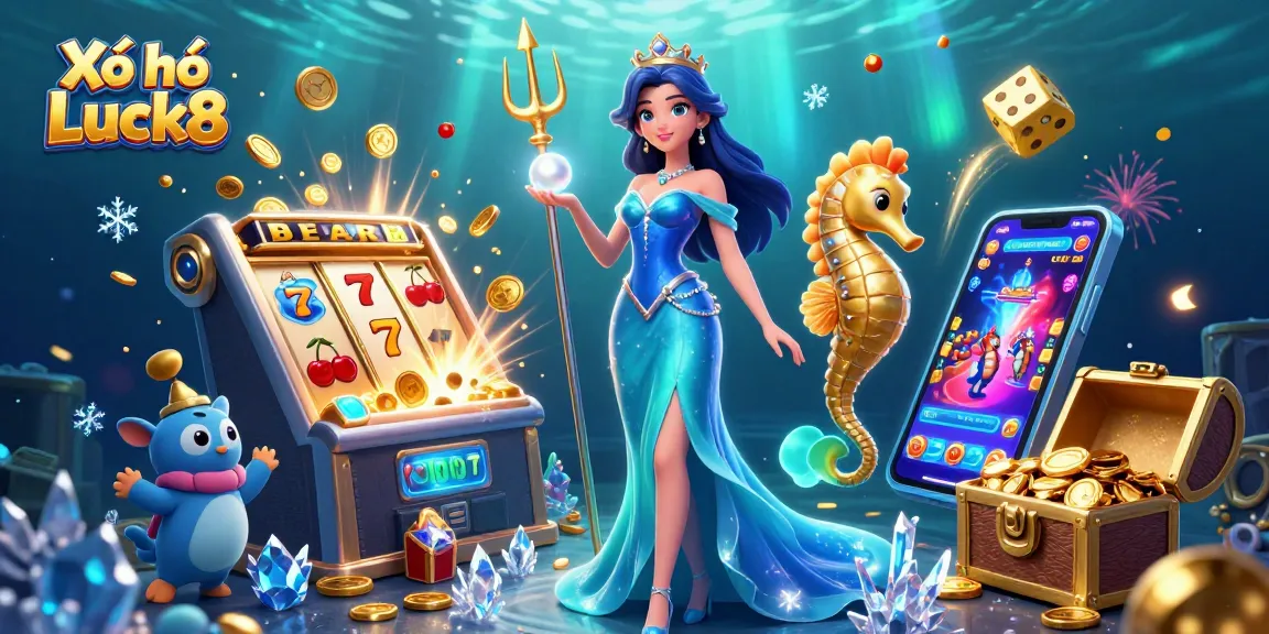 Xổ số Luck8 features an enchanting illustration with a woman in a flowing gown, seahorse king, and casino game elements.