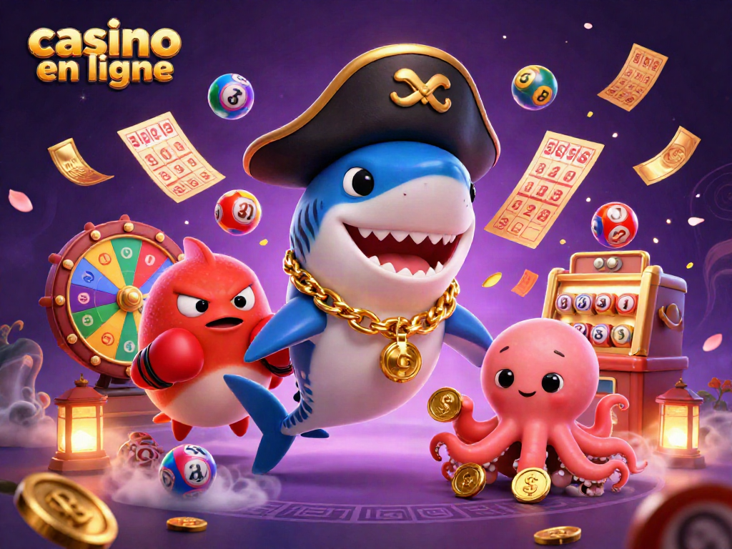 Jouer à un casino en ligne avec un requin pirate, un poisson-globe et un bébé pieuvre.