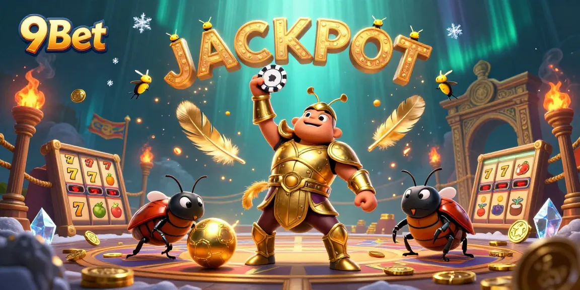 Win big at 9Bet as a herculean beetle celebrates a jackpot with friends in a vibrant casino atmosphere.