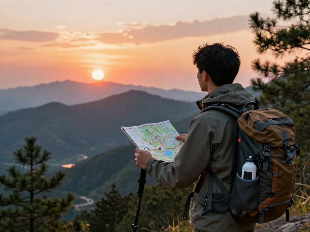 Traveler enjoying a stunning sunset view while exploring rokok88 alternatif hiking routes in the mountains.