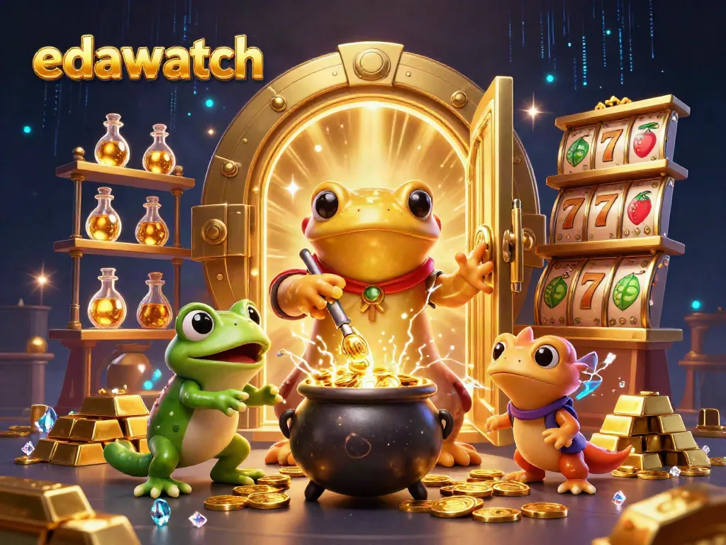Experience the magic of edawatch with a vibrant 3D scene featuring a golden salamander alchemist and exciting casino elements.