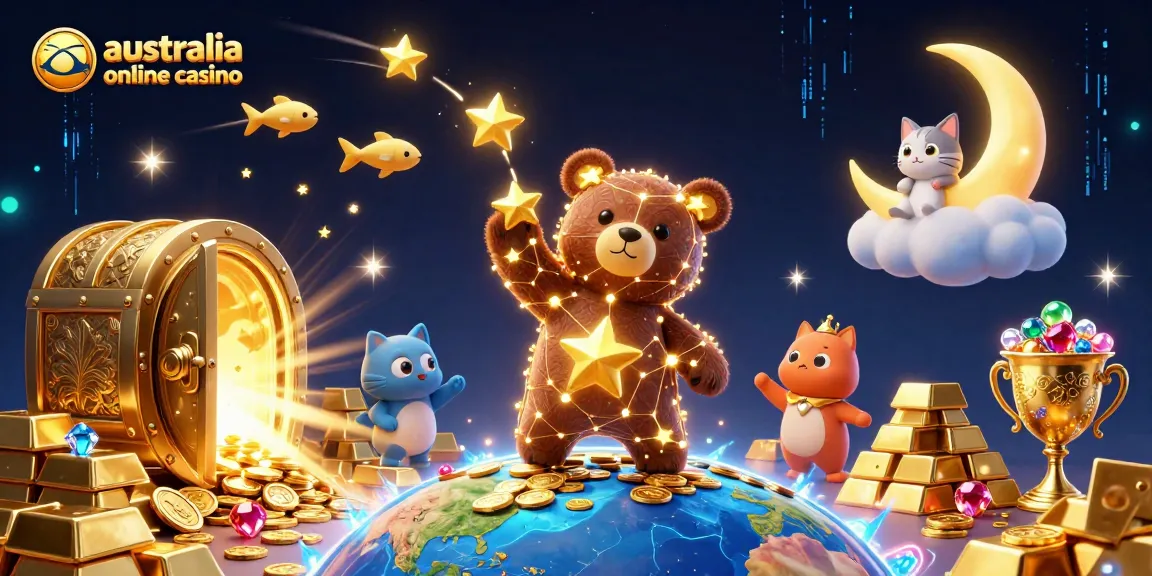 Play exciting games at australia online casino, featuring a vibrant, magical scene with gold coins and treasures.