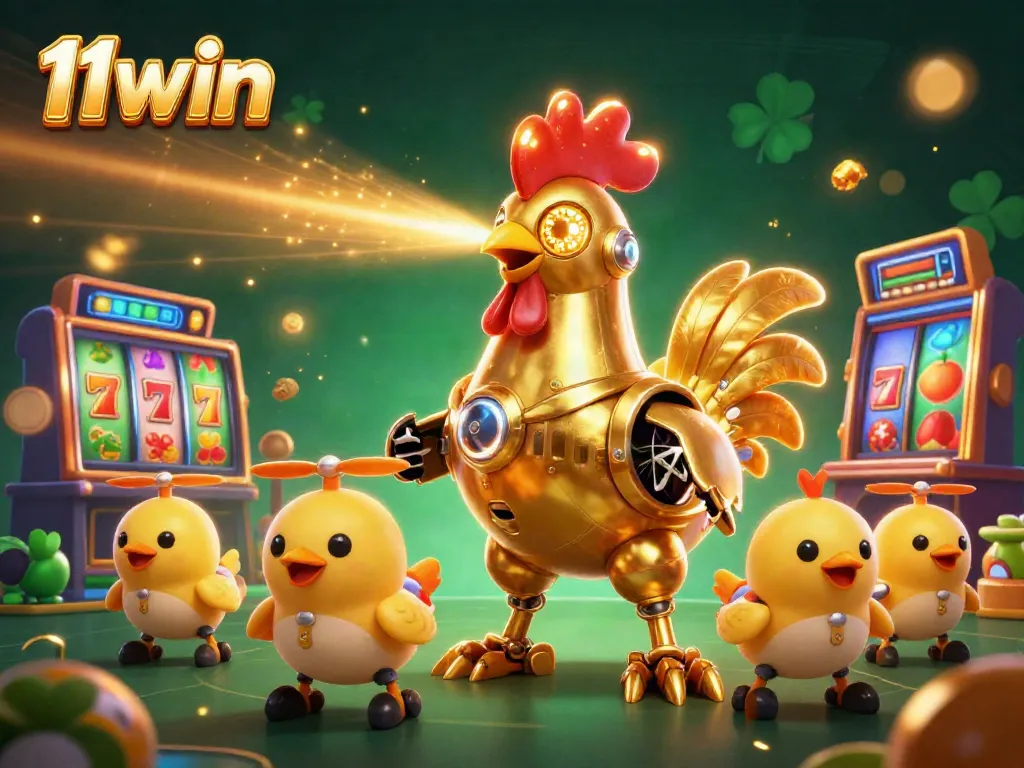 A dynamic 11win-themed illustration featuring a golden rooster robot with baby chick drones and slot machine elements.