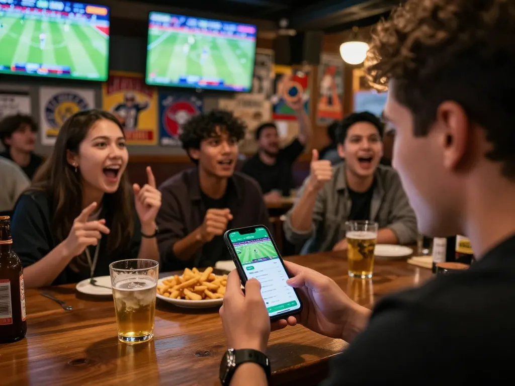 Sports fans engaging with the nhandinhkeonhacai betting app while enjoying live games at a vibrant sports bar.