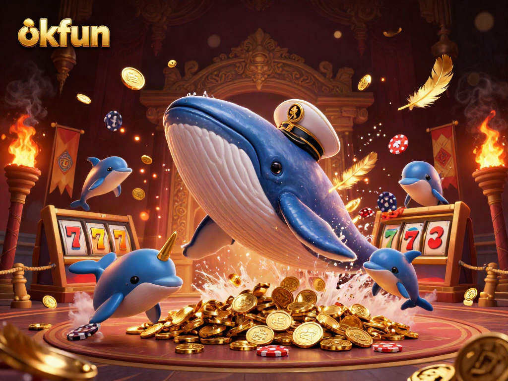 Experience a thrilling okfun slot adventure with a whale and friends amidst dazzling coins and vibrant gaming elements.