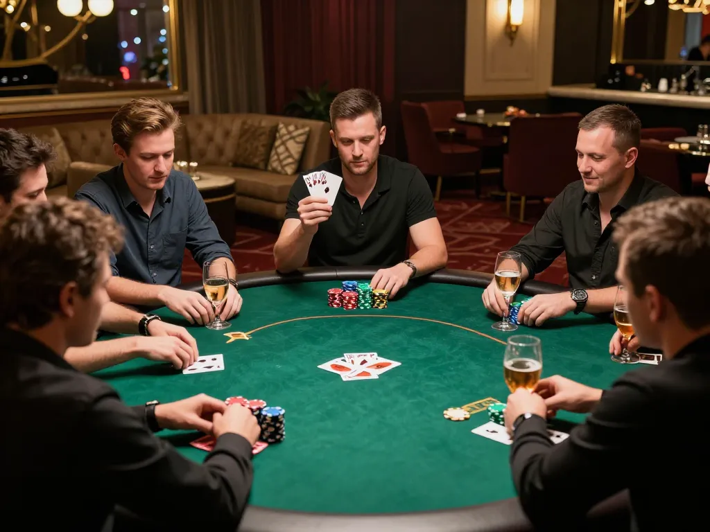 Players celebrating a win during a high-stakes poker game, showcasing rokok88 link alternatif with stacks of chips in action