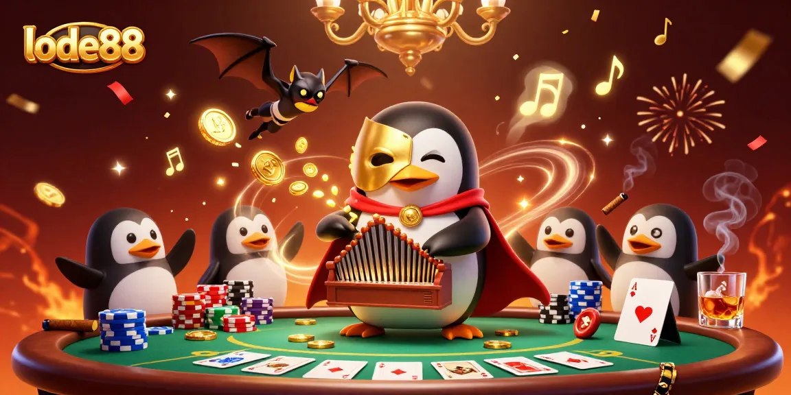 Experience lode88's thrilling atmosphere with a cartoon penguin organist shooting golden coins and poker elements.