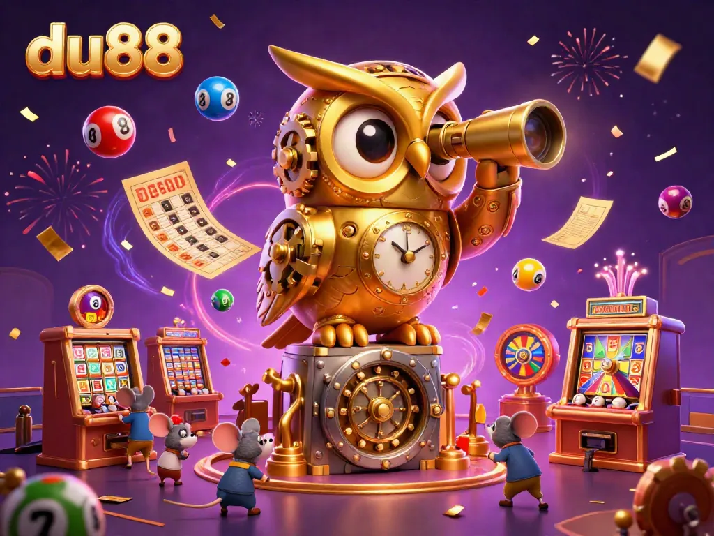 Experience vibrant gaming at du88 with a golden owl overseeing a lively casino scene filled with slot machines and colorful lottery elements.