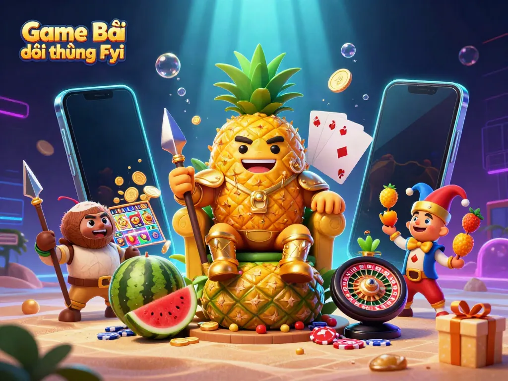 Experience the vibrant world of Game Bài Đổi Thưởng Fyi with this lively casino scene featuring a golden pineapple king and exciting game elements.