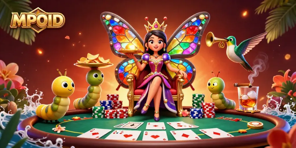Engage with MPOID in a vibrant 3D casino world featuring colorful game elements and characters.