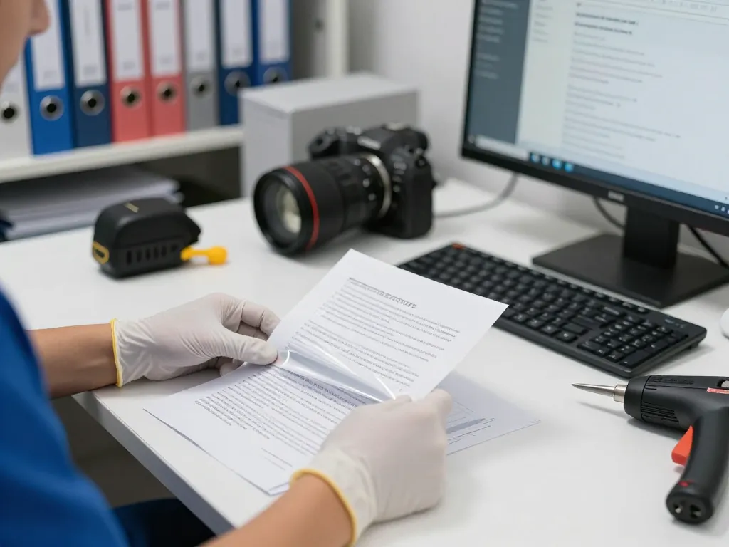 Expert technician performing dịch vụ bóc ép plastic in a professional workspace, demonstrating safe and effective document processing.