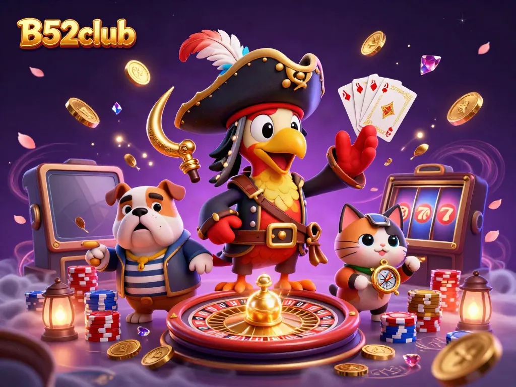 Spin to win with B52club in a vibrant casino scene featuring a dynamic pirate crew.