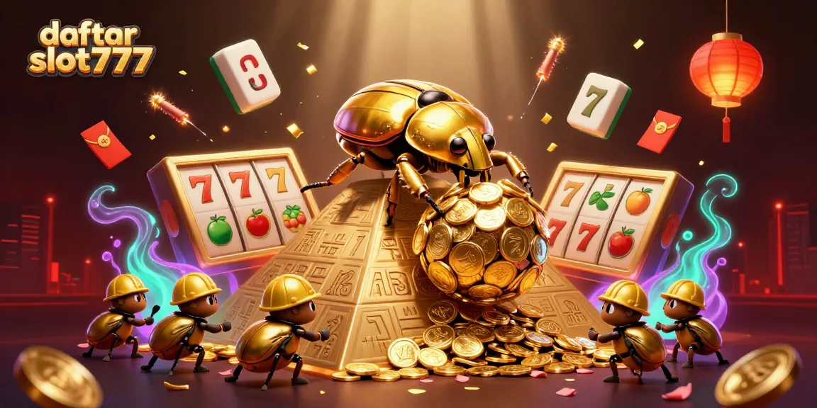Experience daftar slot777 with a vibrant 3D illustration of a golden beetle rolling jackpot coins in a dynamic casino scene.